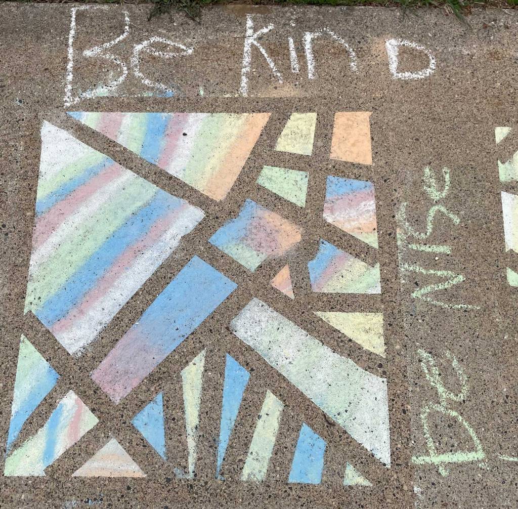Stained glass window chalk art effect with the words "Be Kind" and "Be Nice"