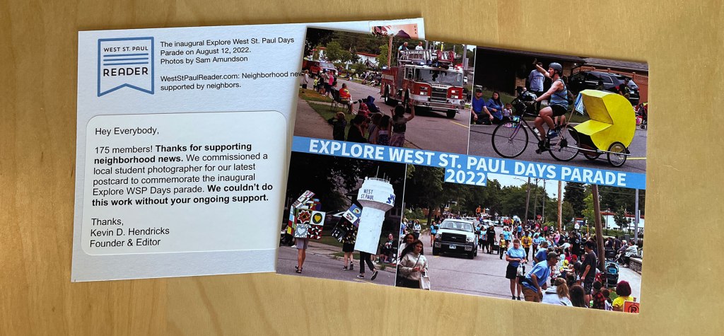 Front and back of the 2022 Explore West St. Paul Days Parade postcard.