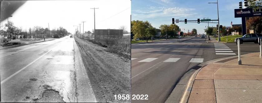 The intersection of Robert Street and Thompson Avenue in 1958 and 2022.