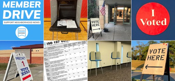 Member Drive: Support Neighborhood News - Election booths, 'vote here' signs, 'I voted' sticker.